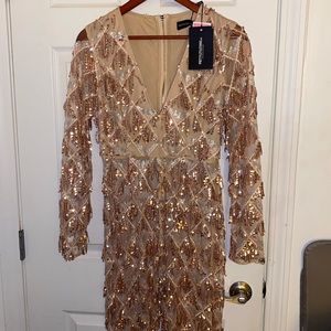 Rose gold tassel sequin plunge jumpsuit